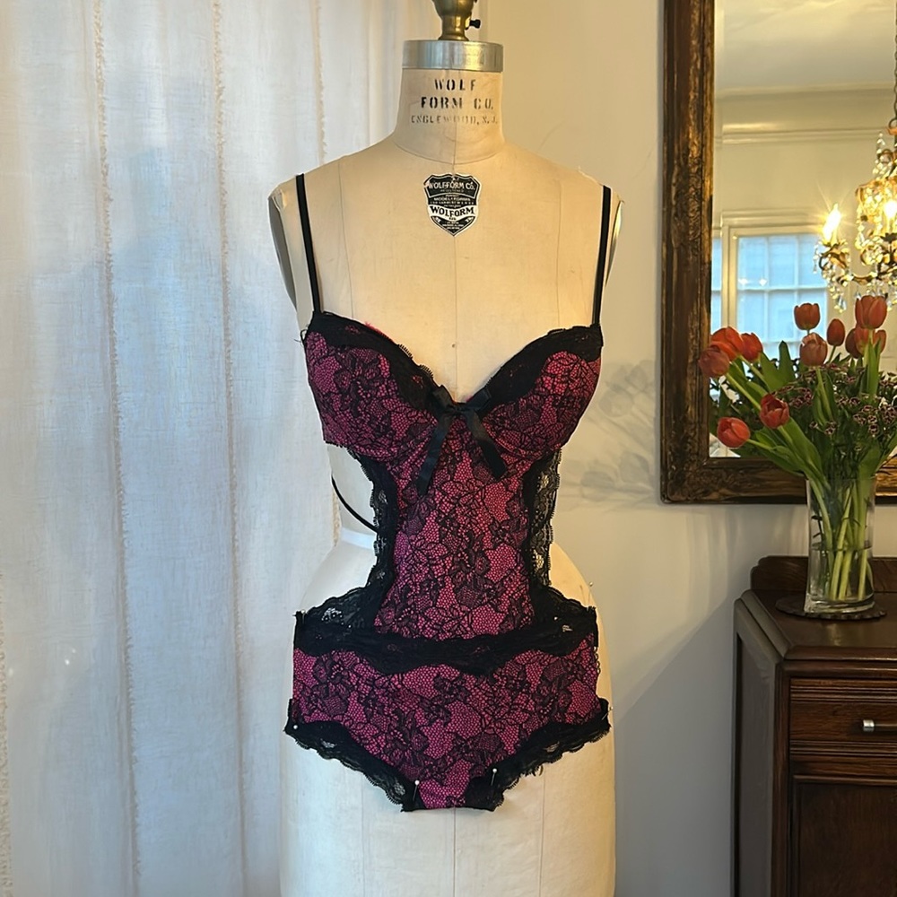 Hot Pink & Black boy short & bra bodysuit by Native Intimates. Size 36 C